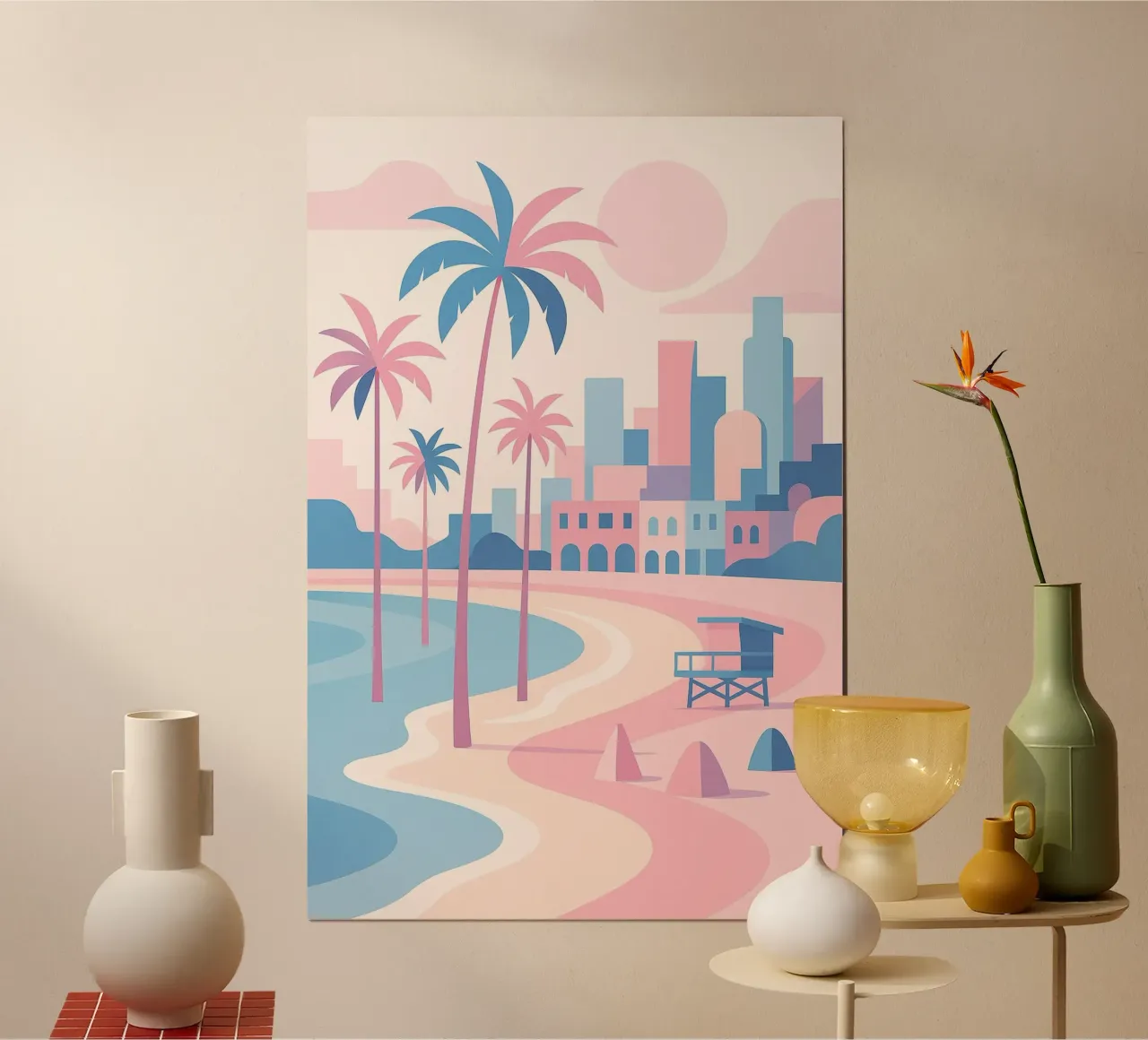 Venice Beach Paradise - Plage pastello e skyline artistico carta hahnemühle da JETLAG | affiches voyage