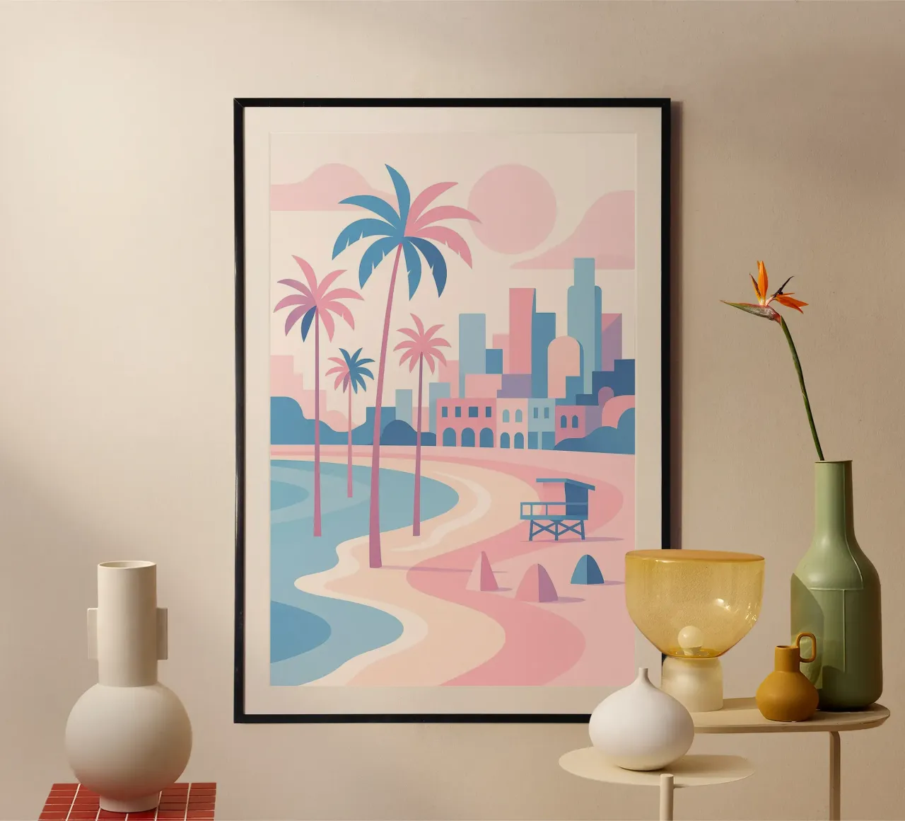 Venice Beach Paradise - Plage pastello e skyline artistico carta hahnemühle da JETLAG | affiches voyage
