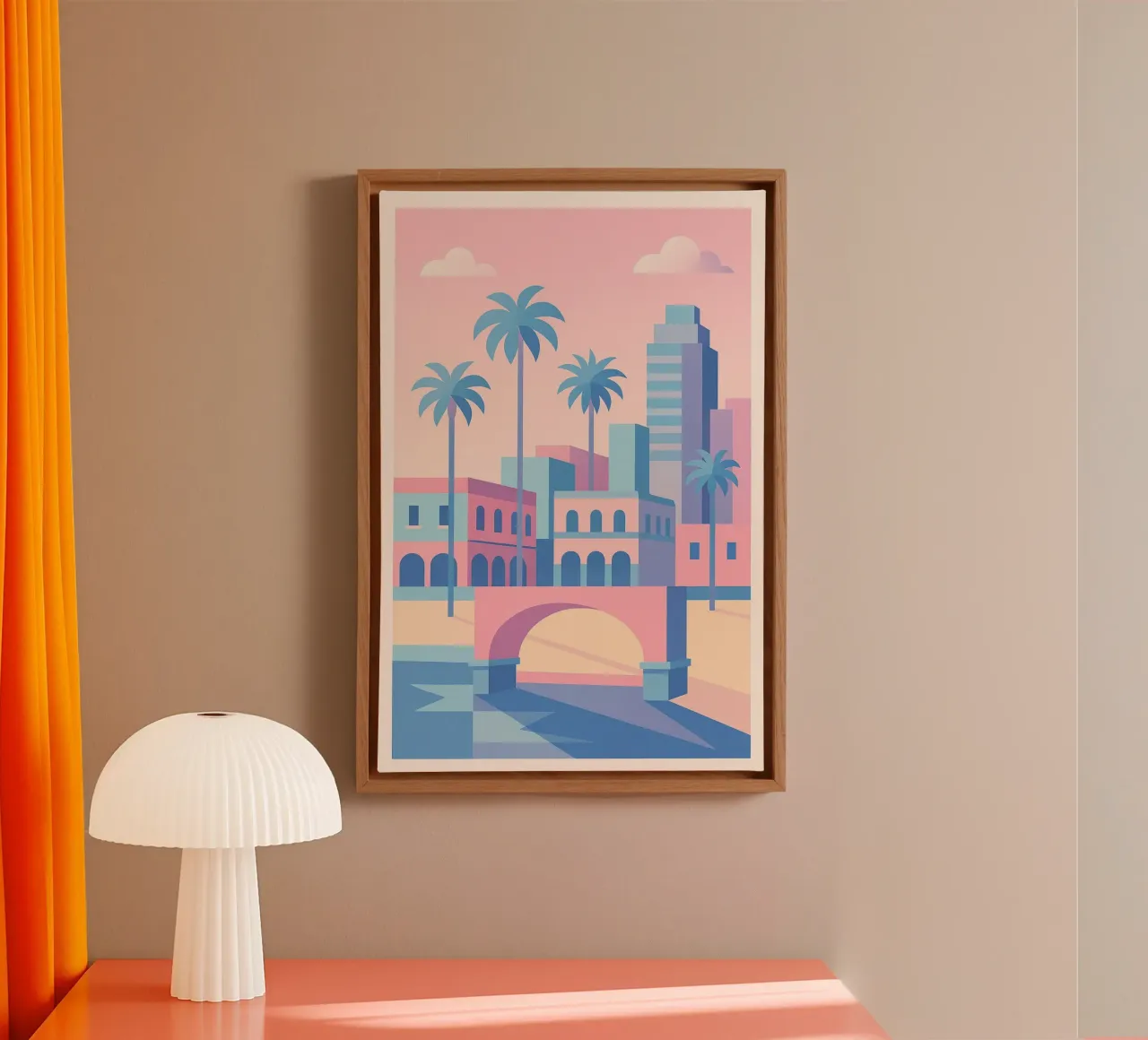 Venice Arches - Palm trees and arcades in pastel tones canvas with Floater frame by JETLAG | affiches voyage