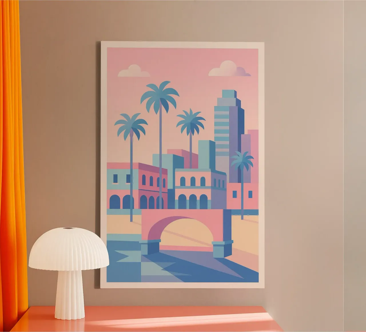 Venice Arches - Palm trees and arcades in pastel tones canvas with Floater frame by JETLAG | affiches voyage