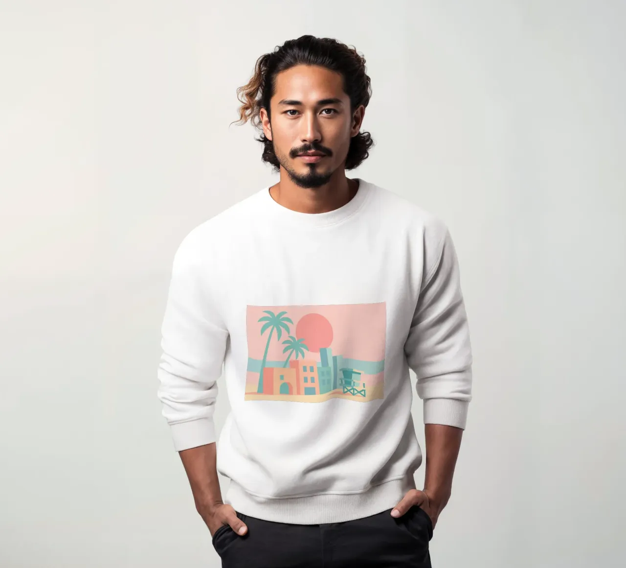 Venice Sunset Vibes – Architecture & palmiers en tons doux sweat de JETLAG | affiches voyage