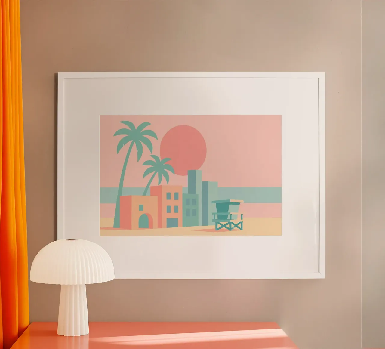 Venice Sunset Vibes – Architecture & palmiers en tons doux hahnemühle de JETLAG | affiches voyage
