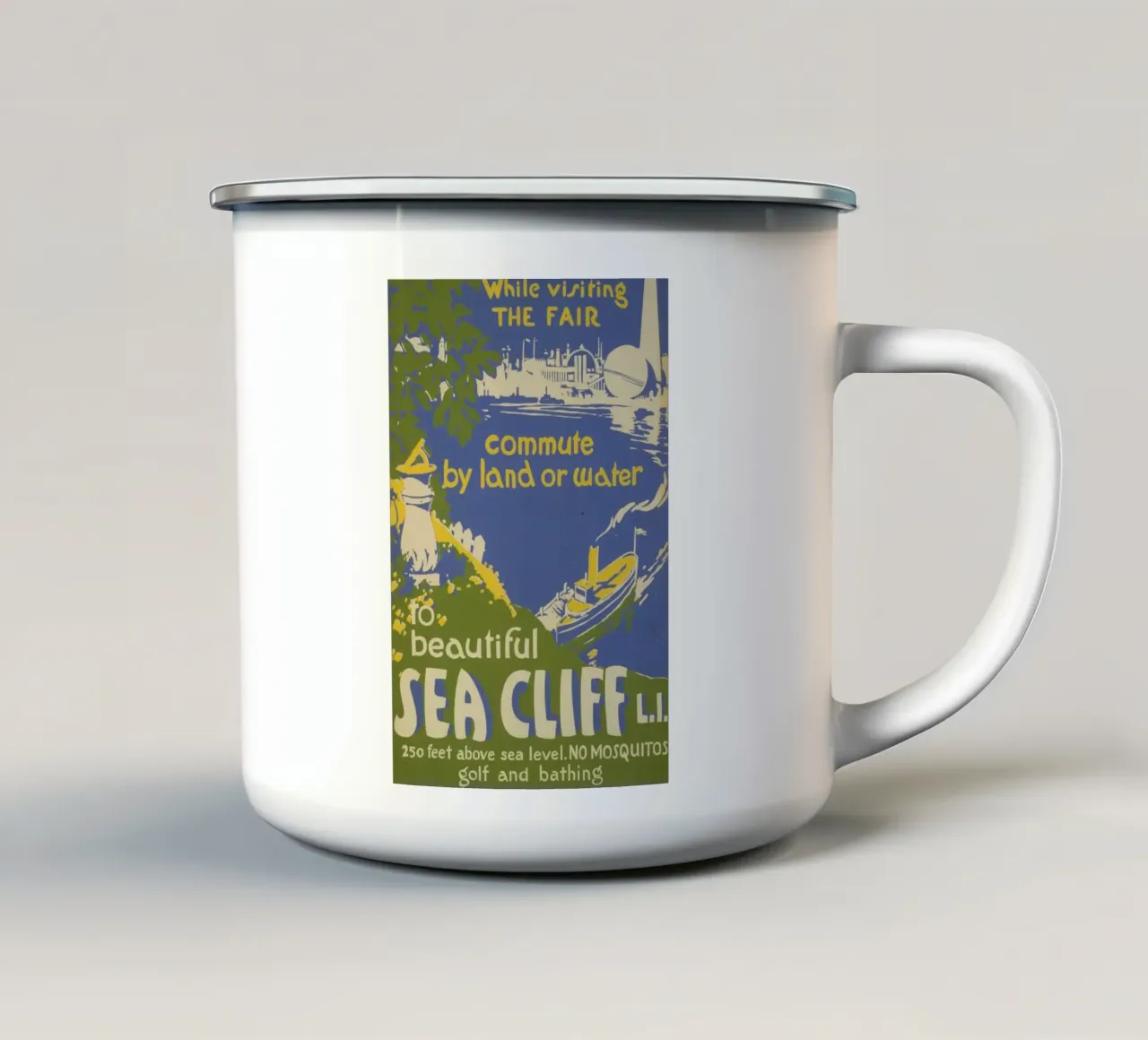 Poster d'epoca di Sea Cliff L.I., viaggio a New York, fiera retrò tazza in smalto da homdeco