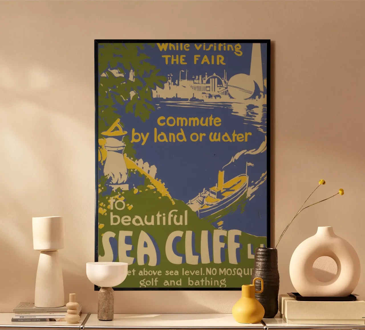 Poster d'epoca di Sea Cliff L.I., viaggio a New York, fiera retrò poster con telaio in plastica da homdeco