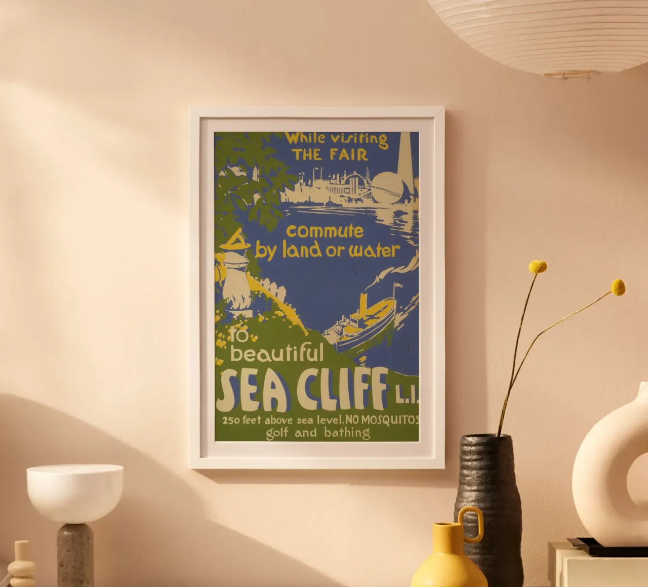 Poster d'epoca di Sea Cliff L.I., viaggio a New York, fiera retrò poster con telaio in plastica da homdeco