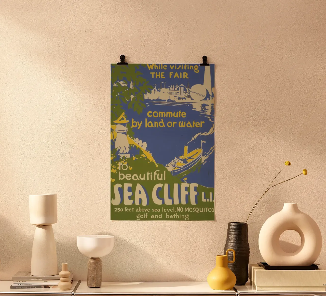 Poster d'epoca di Sea Cliff L.I., viaggio a New York, fiera retrò poster con telaio in plastica da homdeco