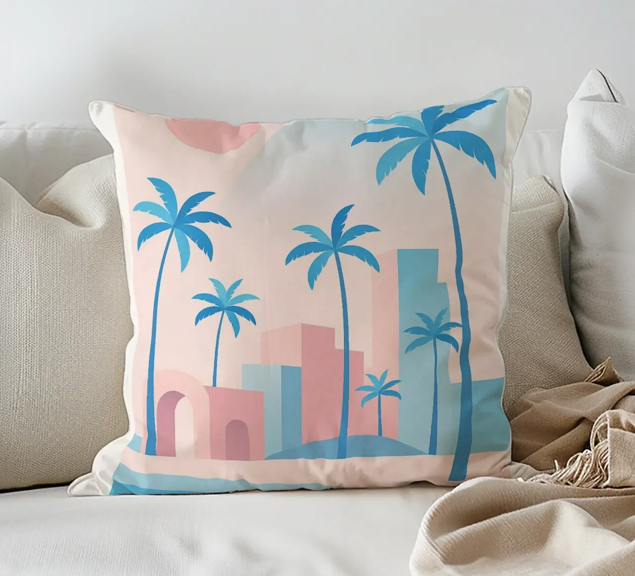 Venice Palms - Mare e palme in un sole pastello cuscino da JETLAG | affiches voyage