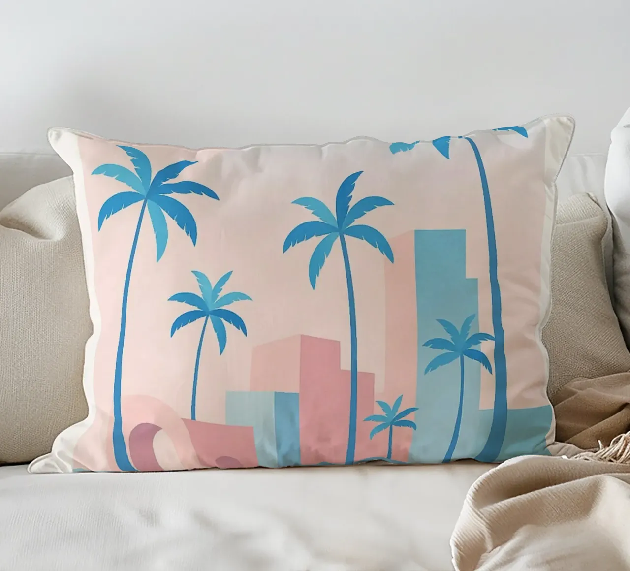 Venice Palms - Mare e palme in un sole pastello cuscino da JETLAG | affiches voyage