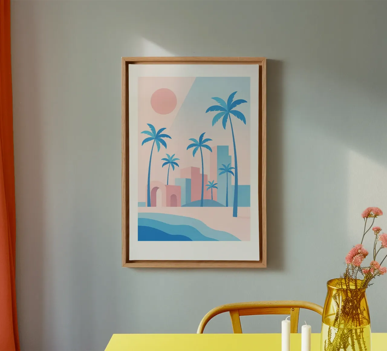 Venice Palms - Seaside & palm trees in pastel sunshine canvas by JETLAG | affiches voyage