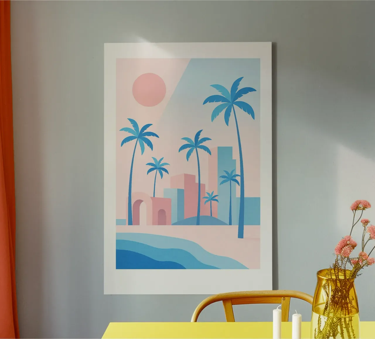 Venice Palms - Seaside & palm trees in pastel sunshine canvas by JETLAG | affiches voyage