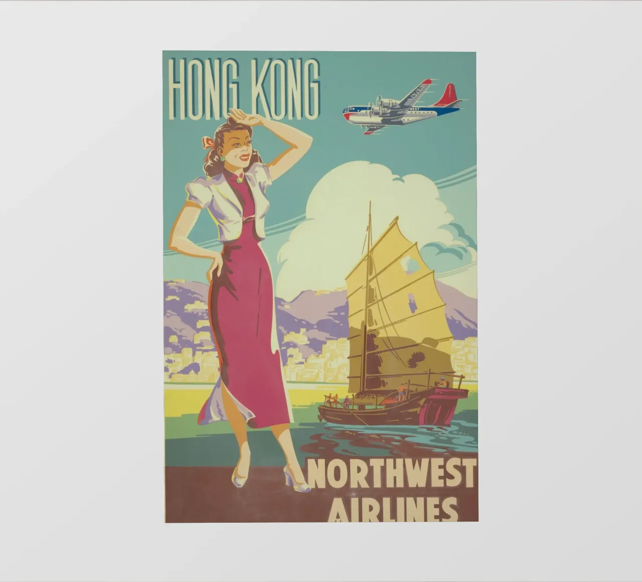 Poster d'epoca di Hong Kong, Northwest Airlines, viaggio retrò A pellicola backlit da homdeco
