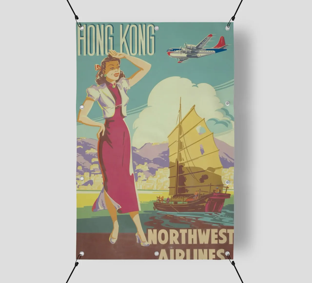 Poster d'epoca di Hong Kong, Northwest Airlines, viaggio retrò A telo in pvc da homdeco