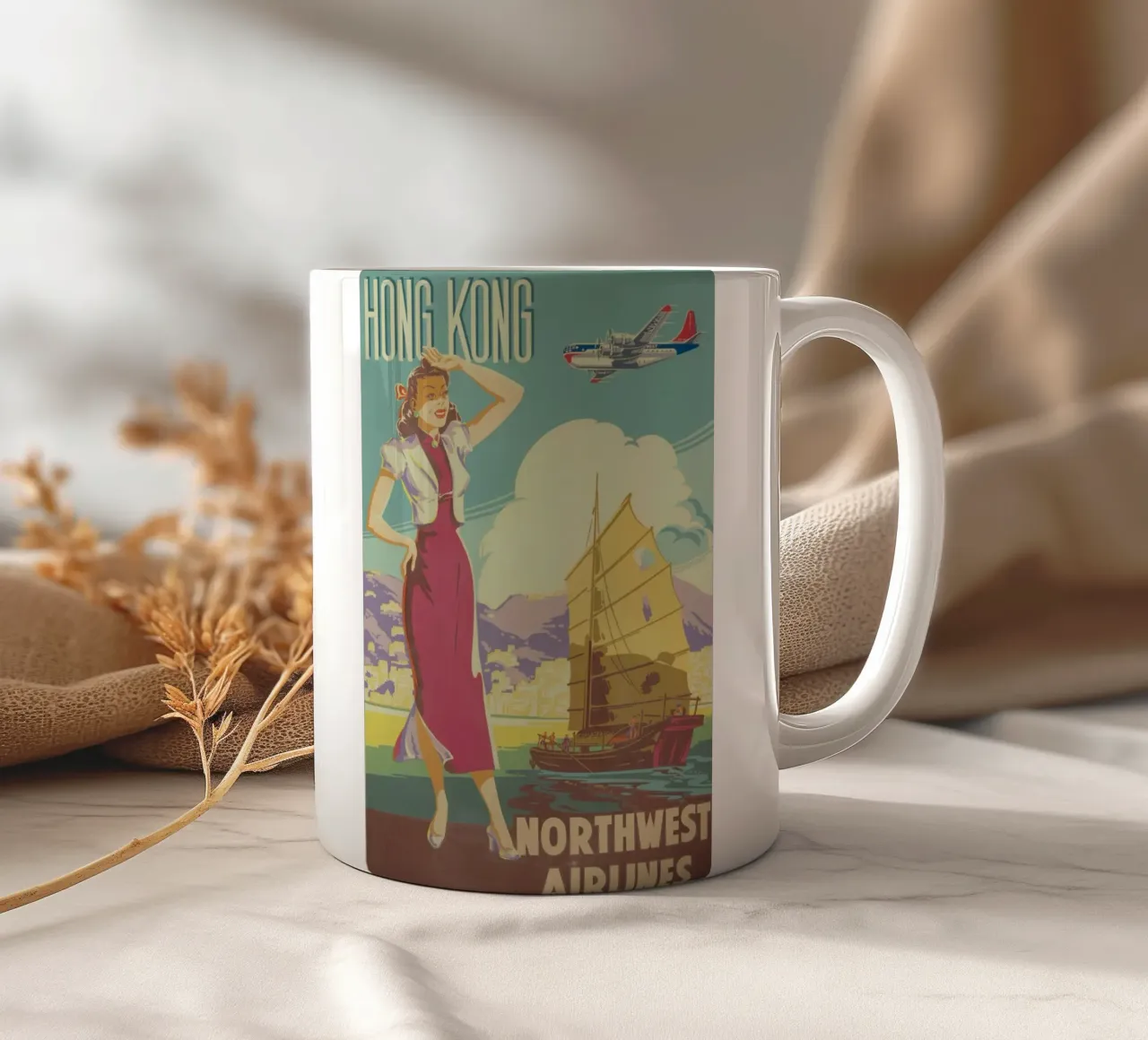 Poster d'epoca di Hong Kong, Northwest Airlines, viaggio retrò A tazza in ceramica da homdeco