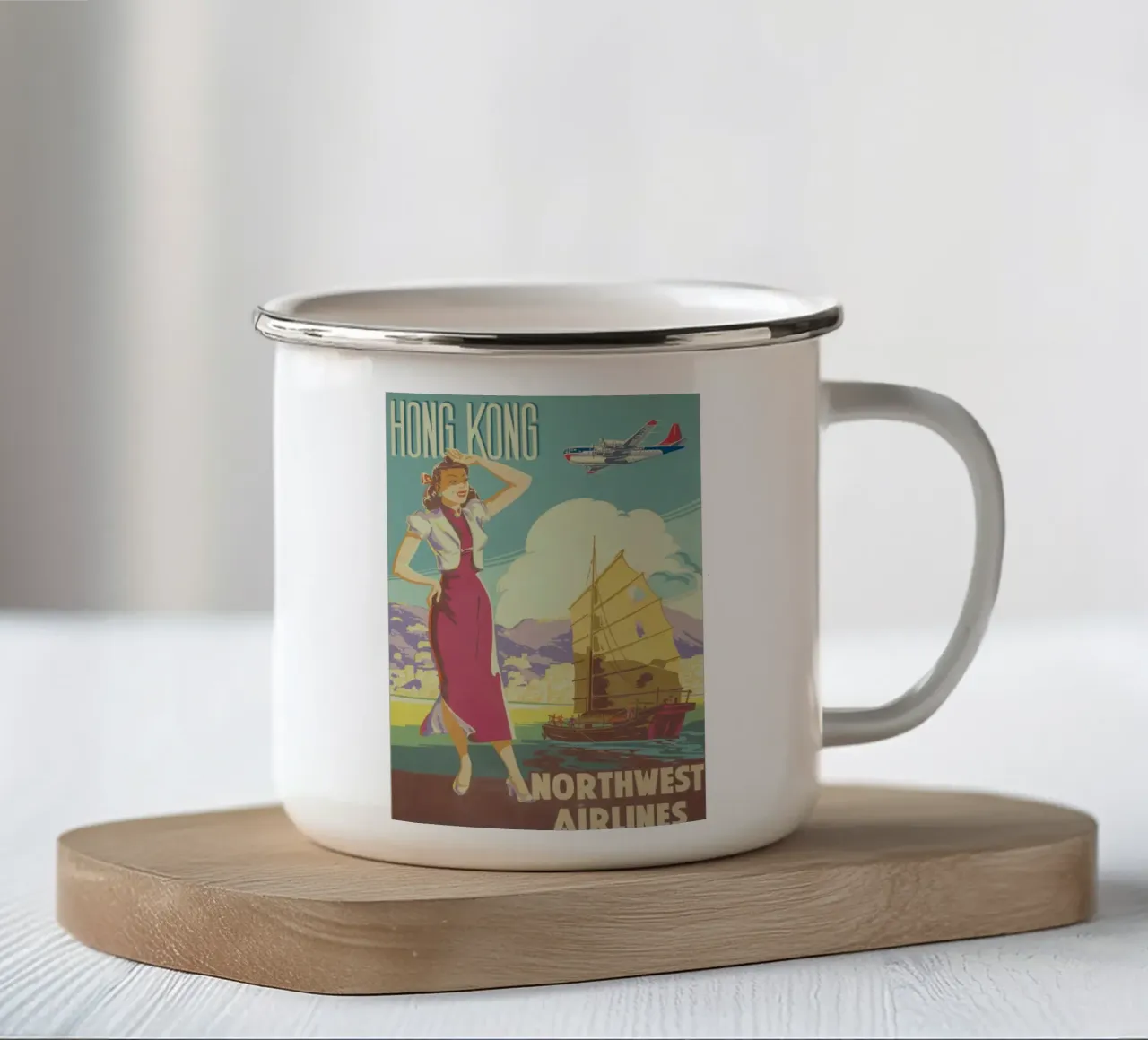 Poster d'epoca di Hong Kong, Northwest Airlines, viaggio retrò A tazza in smalto da homdeco