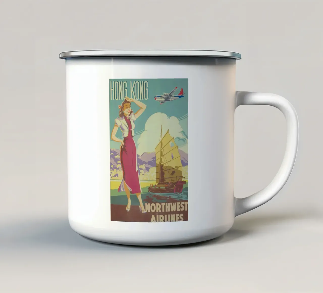 Poster d'epoca di Hong Kong, Northwest Airlines, viaggio retrò A tazza in smalto da homdeco