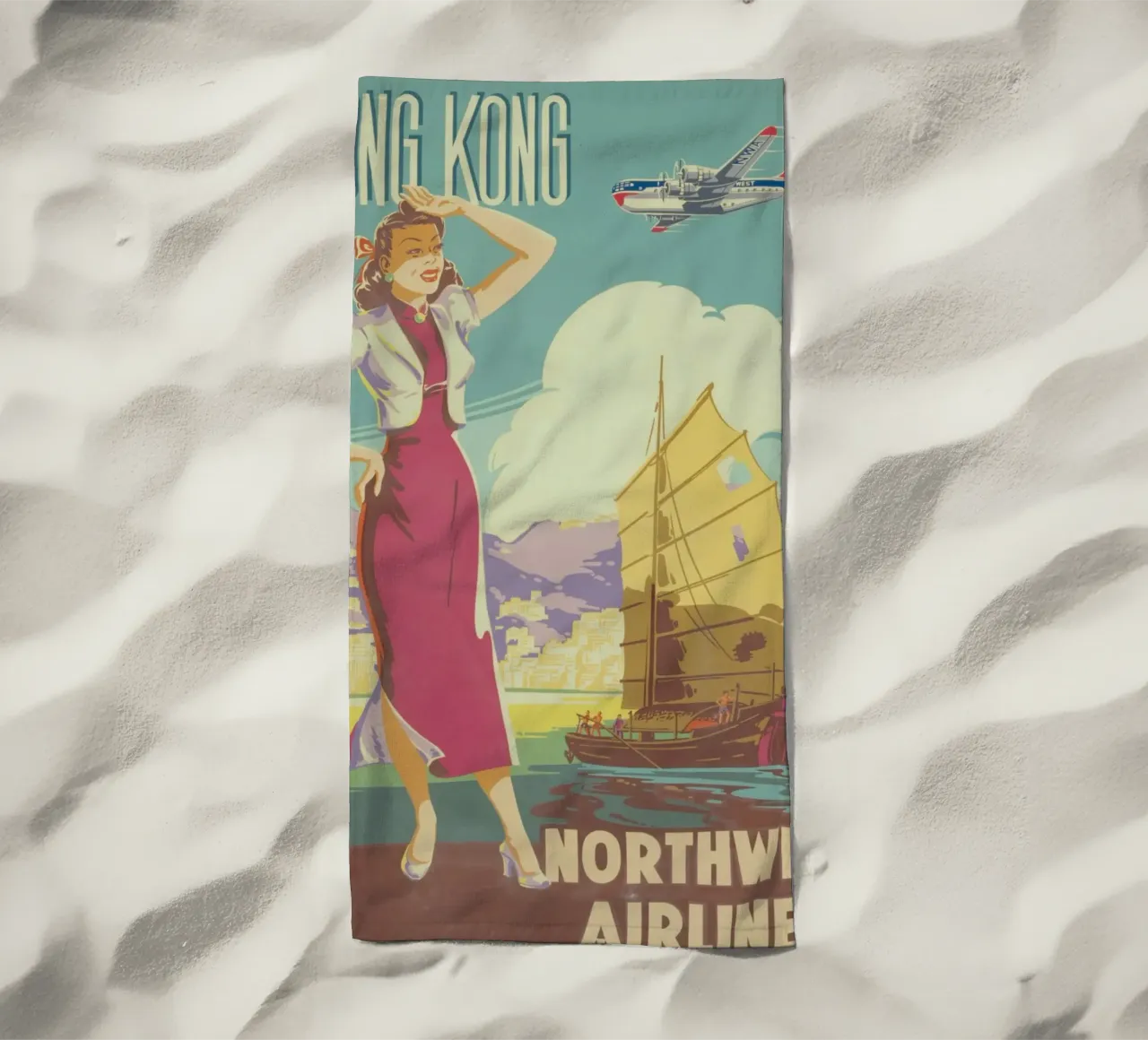 Poster d'epoca di Hong Kong, Northwest Airlines, viaggio retrò A telo mare da homdeco