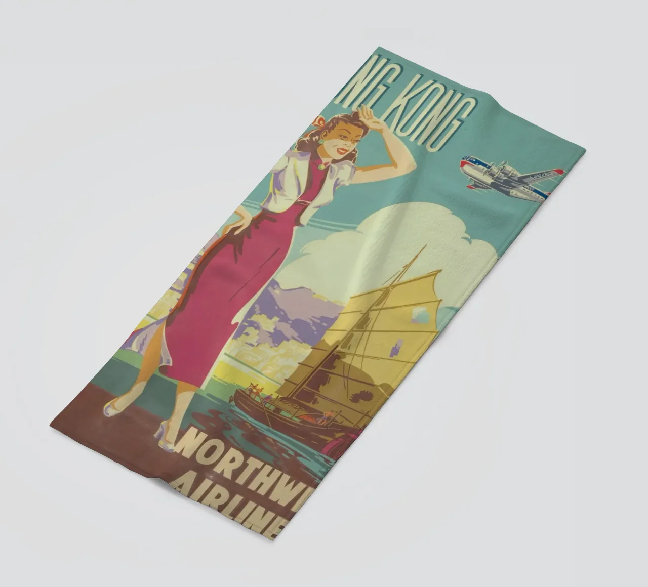 Poster d'epoca di Hong Kong, Northwest Airlines, viaggio retrò A telo mare da homdeco