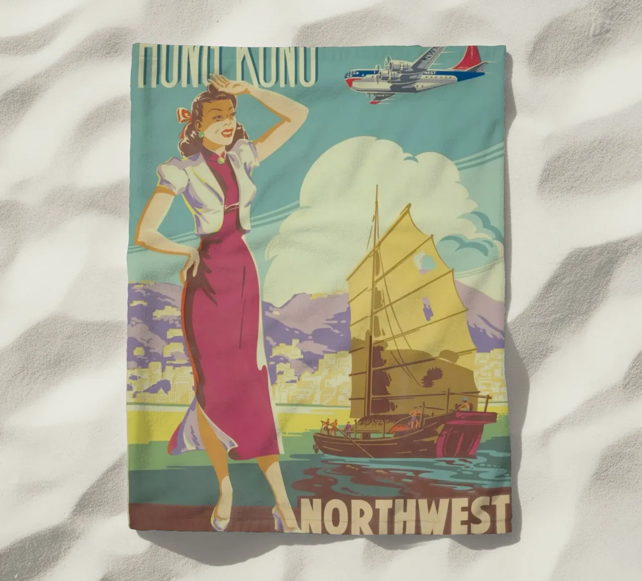Poster d'epoca di Hong Kong, Northwest Airlines, viaggio retrò A telo mare da homdeco