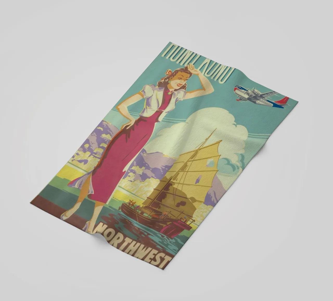 Poster d'epoca di Hong Kong, Northwest Airlines, viaggio retrò A telo mare da homdeco