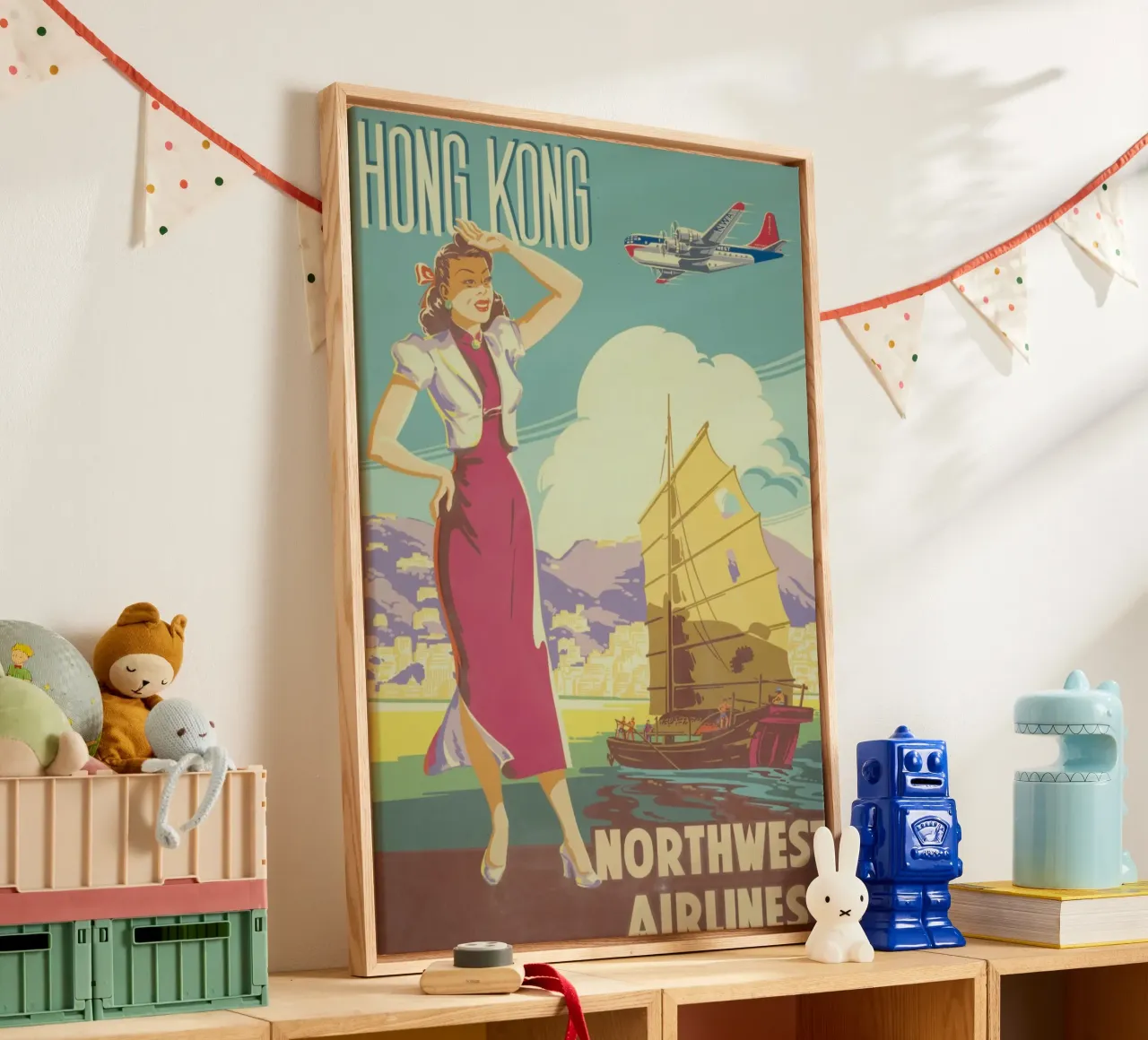 Poster d'epoca di Hong Kong, Northwest Airlines, viaggio retrò A tela con Cornice a cassetta da homdeco