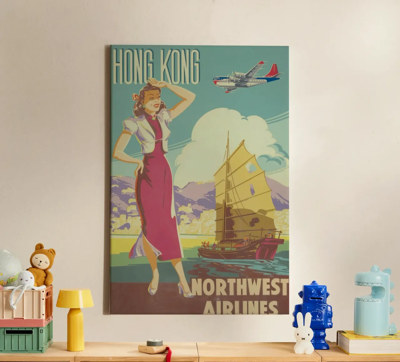 Poster d'epoca di Hong Kong, Northwest Airlines, viaggio retrò A tela con Cornice a cassetta da homdeco