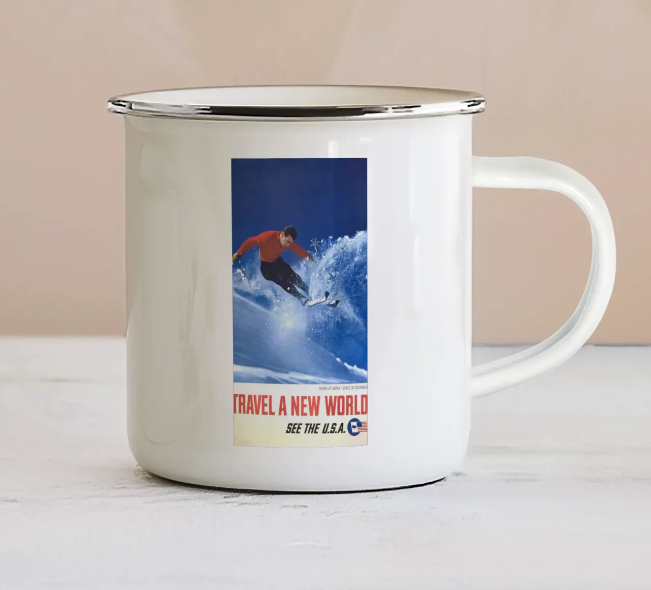 Poster sciistico d'epoca "Travel a New World", Aspen, USA, retrò tazza in smalto da homdeco