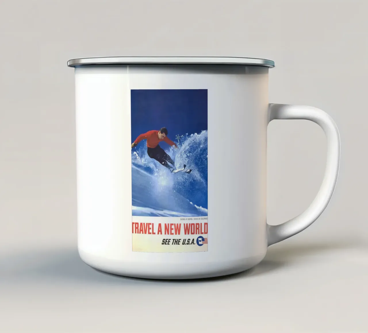Poster sciistico d'epoca "Travel a New World", Aspen, USA, retrò tazza in smalto da homdeco