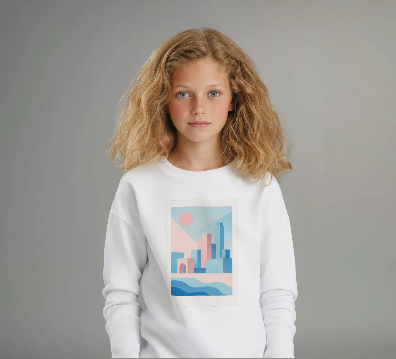Sunset Arches - Palm trees and arcades in a pastel setting kids sweatshirt by JETLAG | affiches voyage