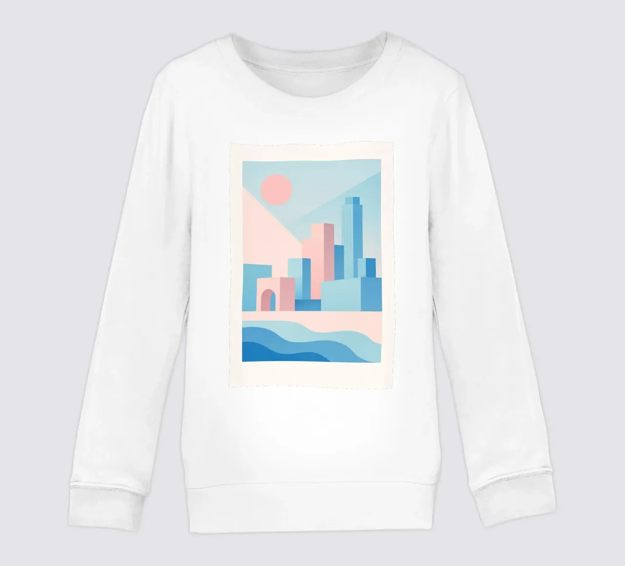 Sunset Arches - Palm trees and arcades in a pastel setting kids sweatshirt by JETLAG | affiches voyage