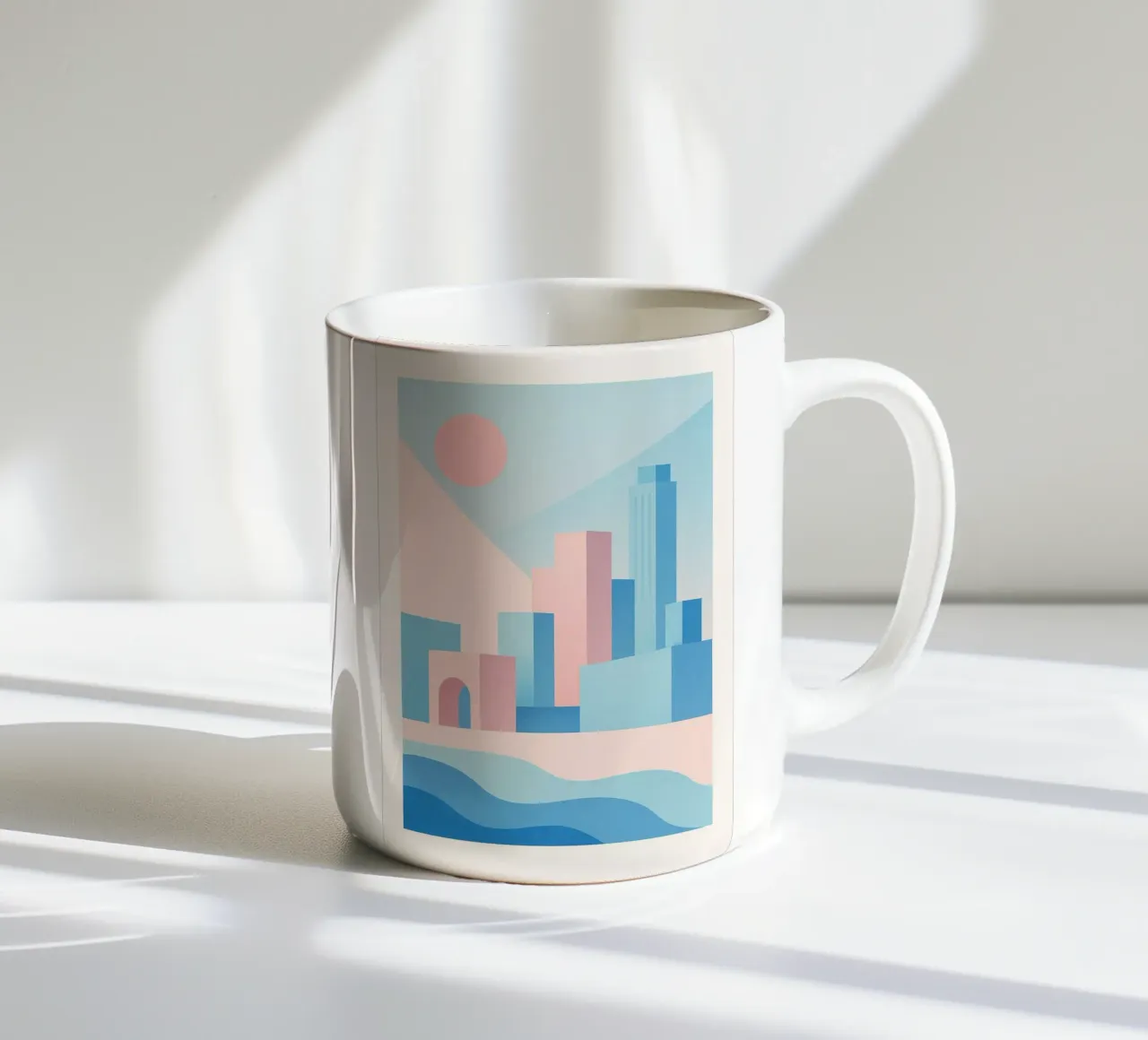 Sunset Arches - Palm trees and arcades in a pastel setting ceramic mug by JETLAG | affiches voyage