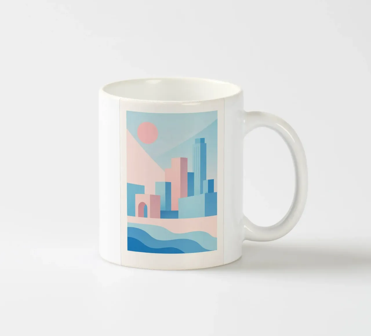 Sunset Arches - Palm trees and arcades in a pastel setting ceramic mug by JETLAG | affiches voyage