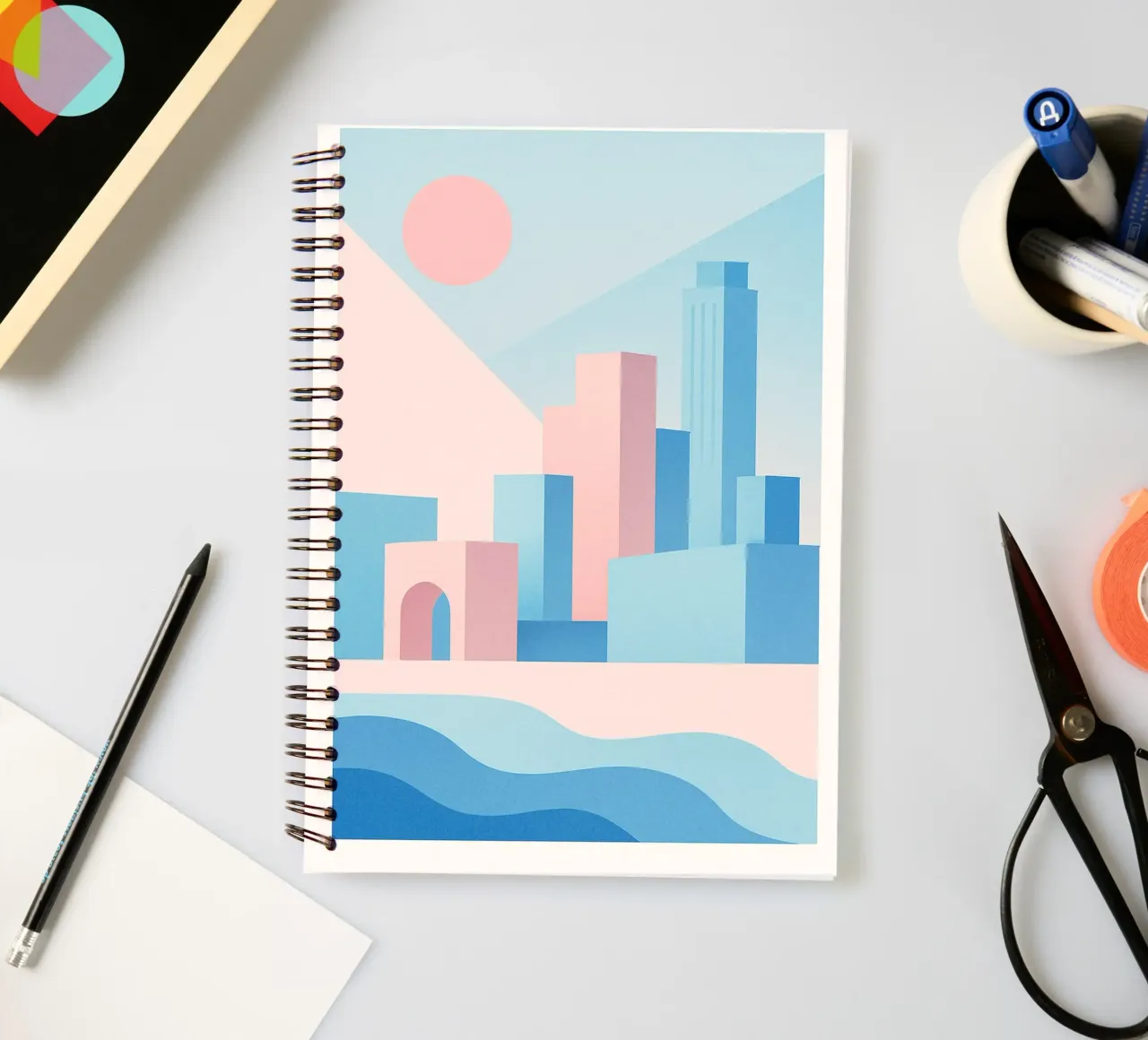 Sunset Arches - Palm trees and arcades in a pastel setting spiral notebook by JETLAG | affiches voyage