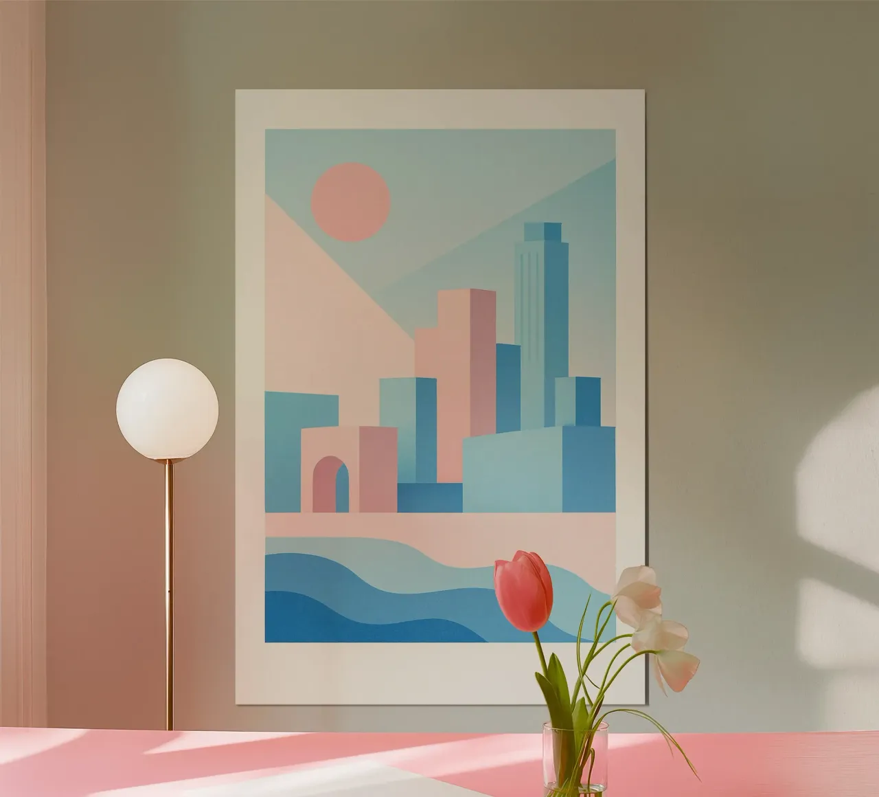 Sunset Arches – Palmiers & arcades dans un décor pastel poster avec cadre en aluminium de JETLAG | affiches voyage