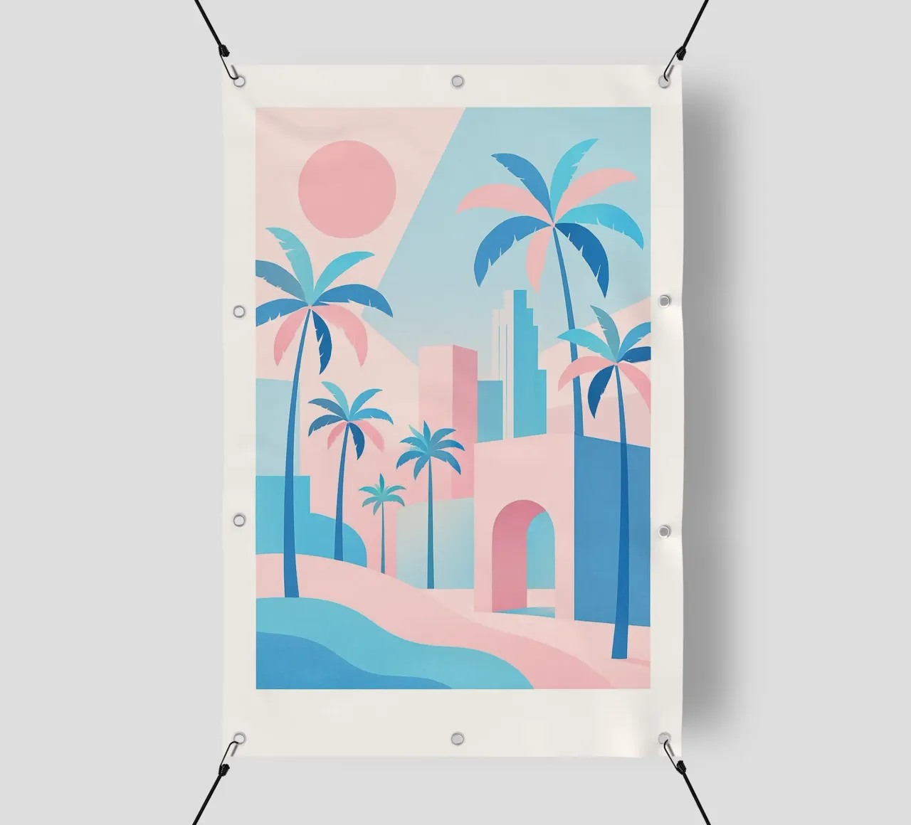 L.A. Geometrica - Architettura e oceano in rosa e blu telo in pvc da JETLAG | affiches voyage