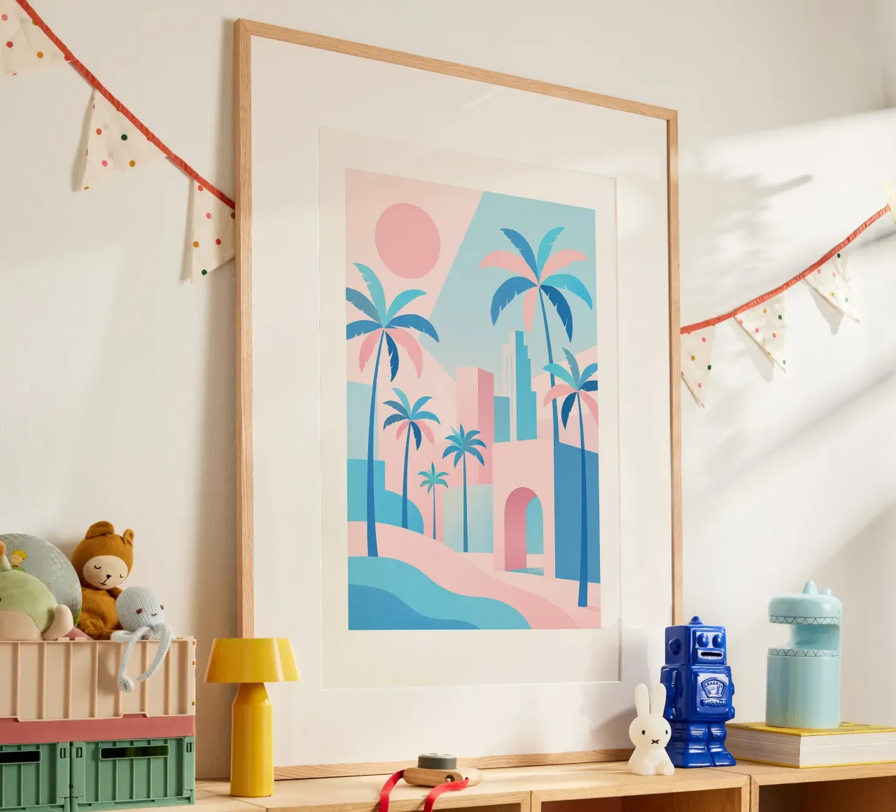 L.A. Geometrica - Architettura e oceano in rosa e blu poster con telaio in alluminio da JETLAG | affiches voyage