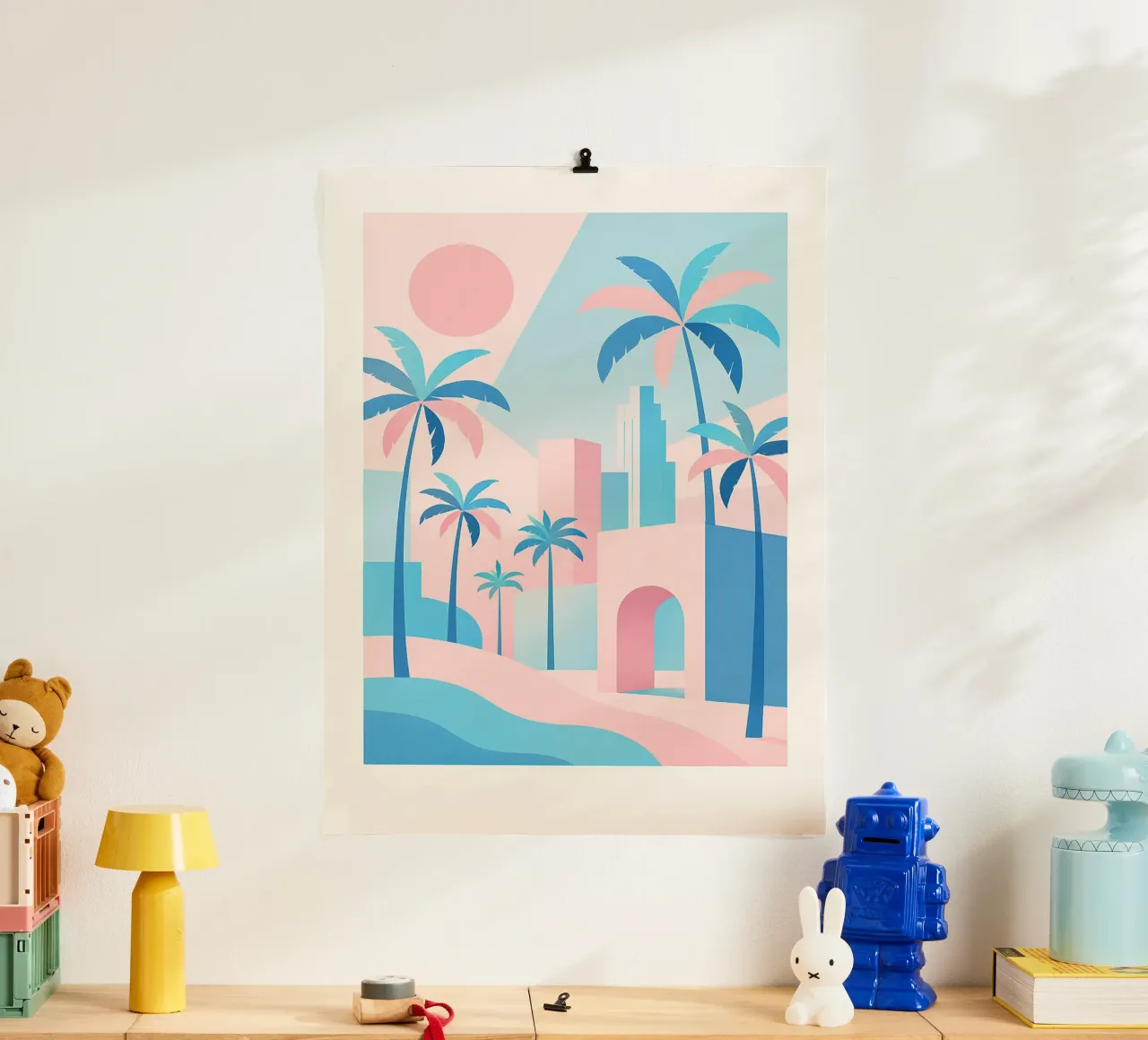 L.A. Geometrica - Architettura e oceano in rosa e blu poster con telaio in alluminio da JETLAG | affiches voyage