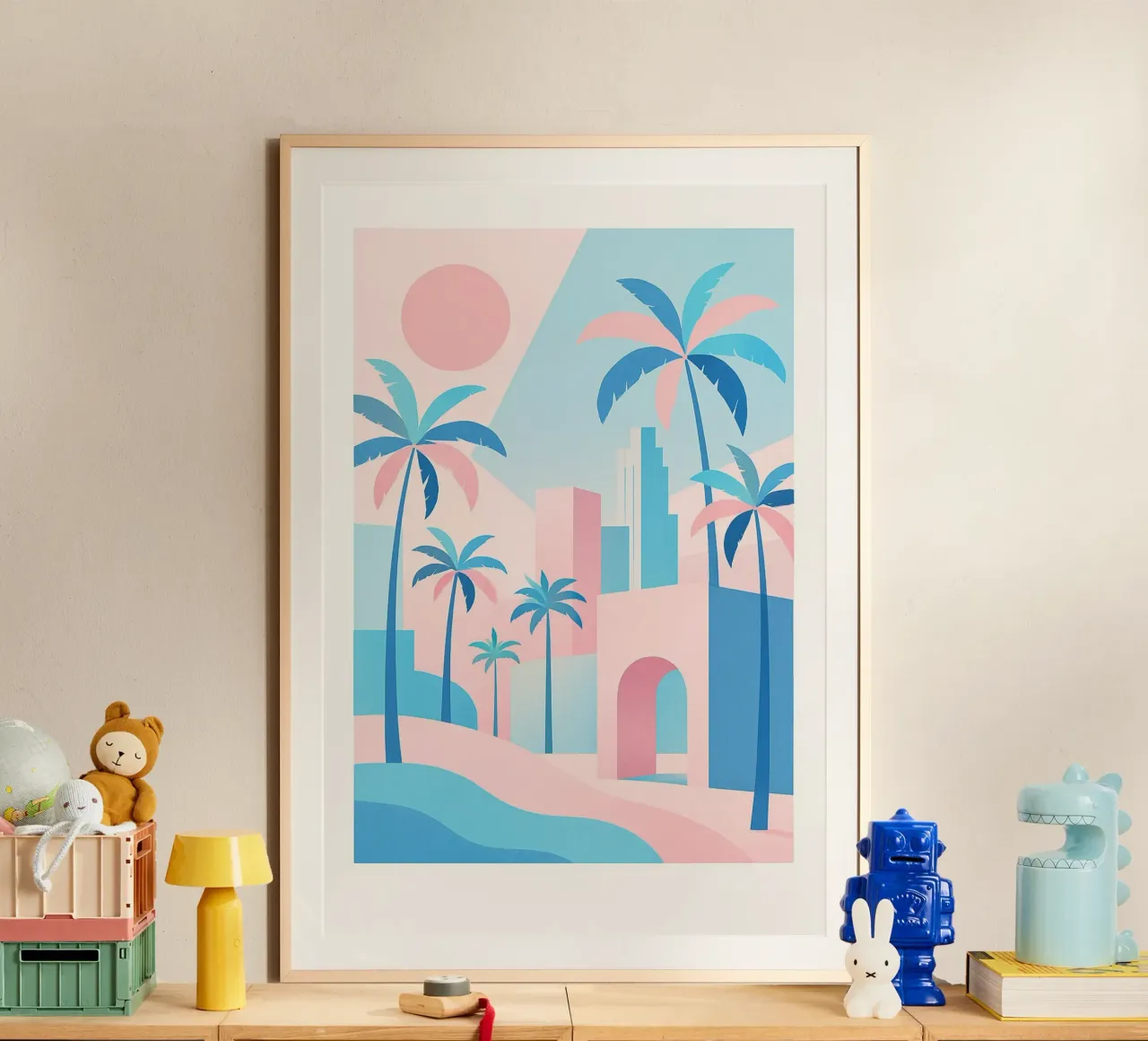 L.A. Geometrica - Architettura e oceano in rosa e blu poster con telaio in alluminio da JETLAG | affiches voyage