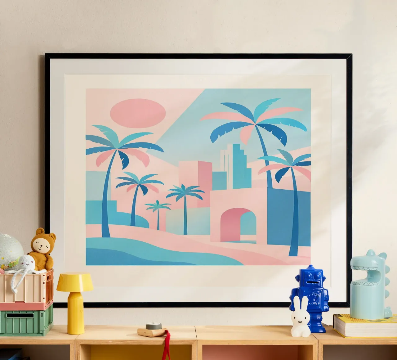 L.A. Geometrica - Architettura e oceano in rosa e blu poster con telaio in alluminio da JETLAG | affiches voyage