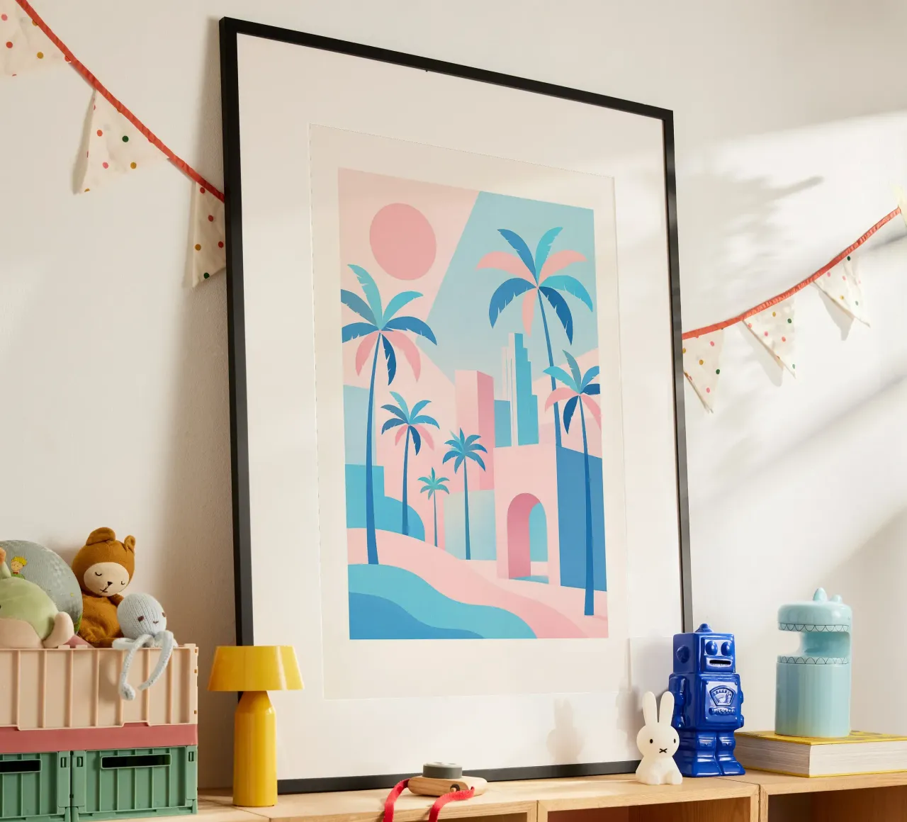 L.A. Geometrica - Architettura e oceano in rosa e blu poster con telaio in alluminio da JETLAG | affiches voyage