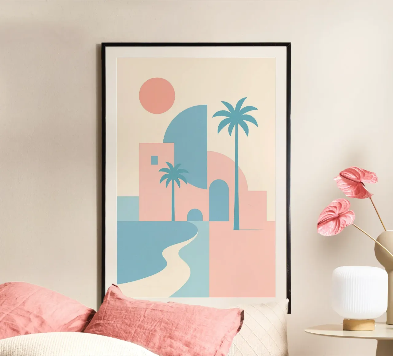 Costa del deserto - Curve, archi e palme nel silenzio della città. poster con telaio in plastica da JETLAG | affiches voyage