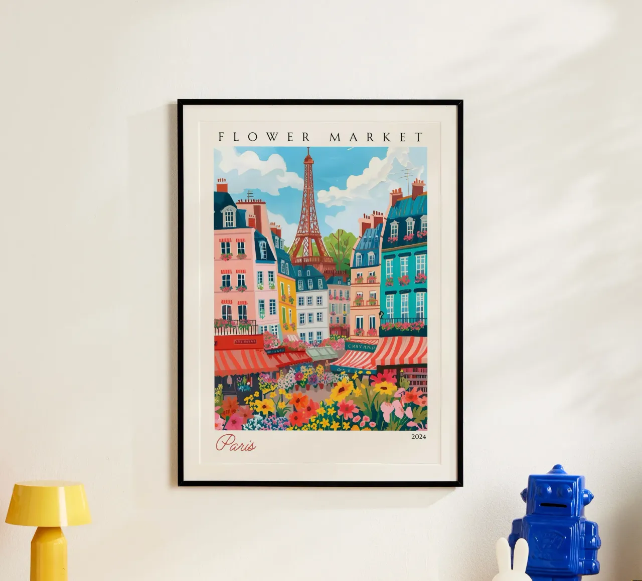 Mercato dei fiori di Parigi, Torre Eiffel, Arte vibrante, Poster di Parigi poster con telaio in alluminio da homdeco