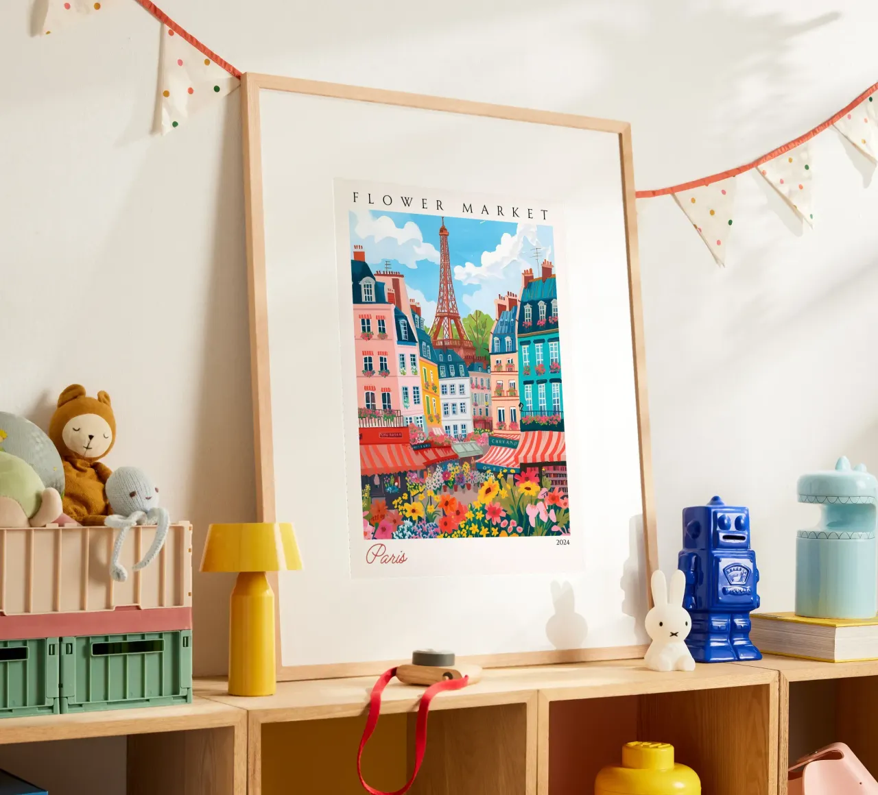 Mercato dei fiori di Parigi, Torre Eiffel, Arte vibrante, Poster di Parigi poster con telaio in alluminio da homdeco