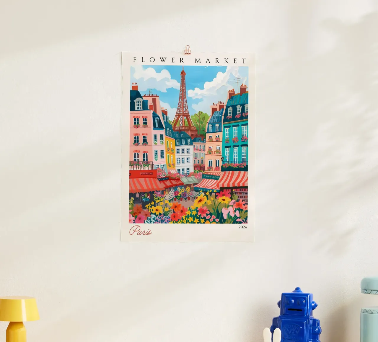 Mercato dei fiori di Parigi, Torre Eiffel, Arte vibrante, Poster di Parigi poster con telaio in alluminio da homdeco