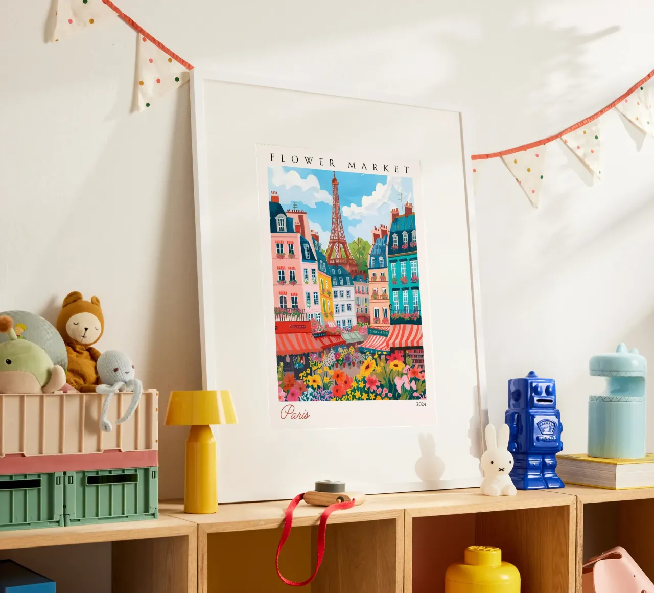 Mercato dei fiori di Parigi, Torre Eiffel, Arte vibrante, Poster di Parigi poster con telaio in alluminio da homdeco