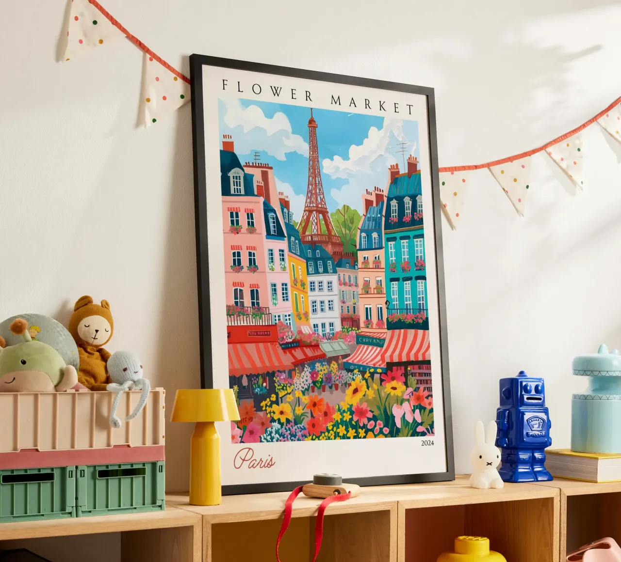Mercato dei fiori di Parigi, Torre Eiffel, Arte vibrante, Poster di Parigi poster con telaio in alluminio da homdeco