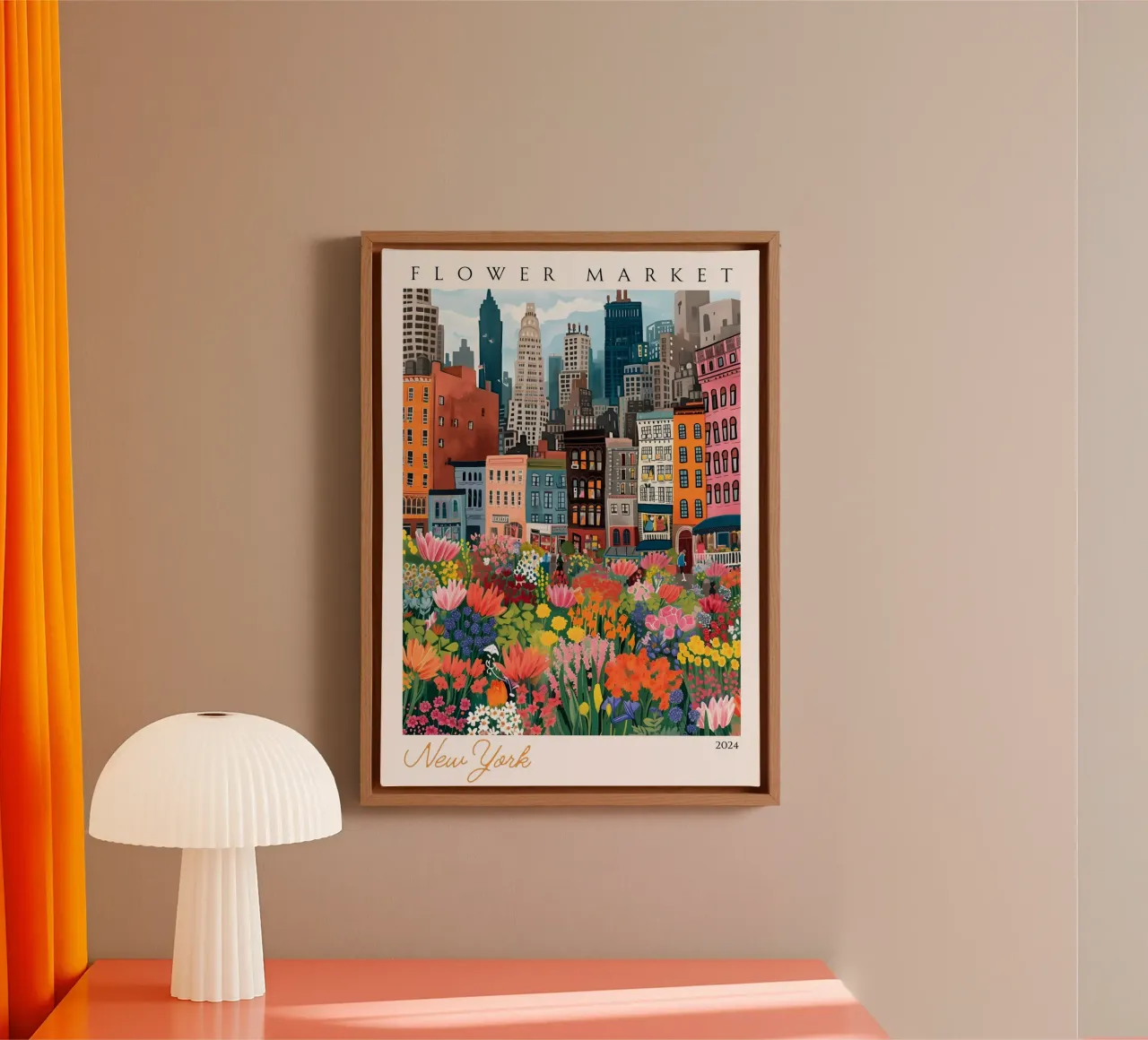 Bloemenmarkt New York, Stadsgezicht, Moderne kunst, Levendige kunst canvas met Baklijst van homdeco