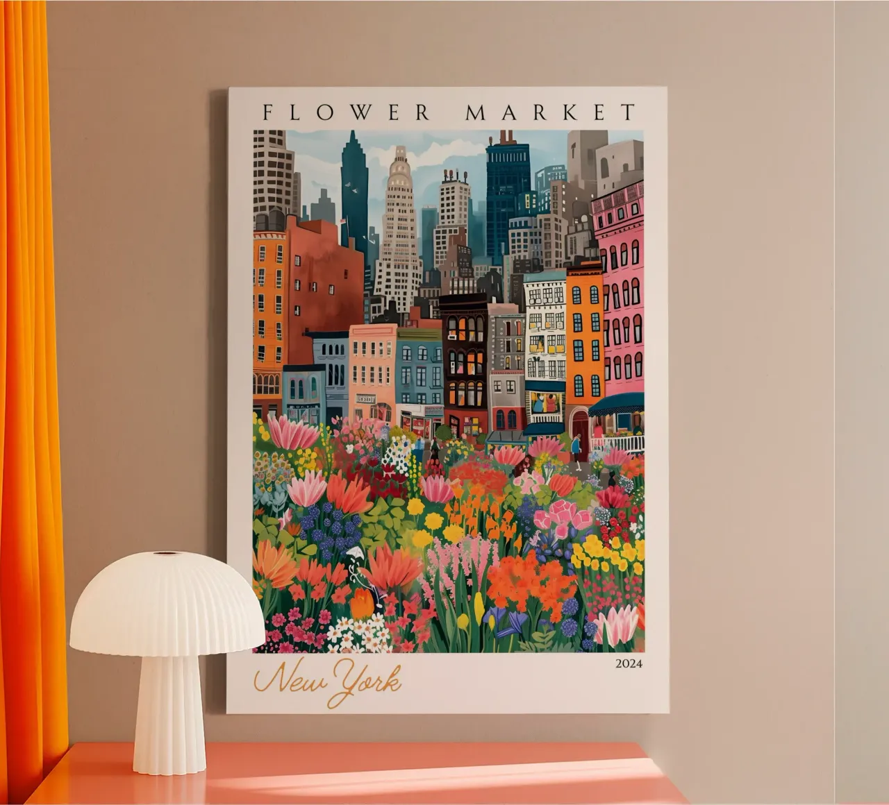 Bloemenmarkt New York, Stadsgezicht, Moderne kunst, Levendige kunst canvas met Baklijst van homdeco