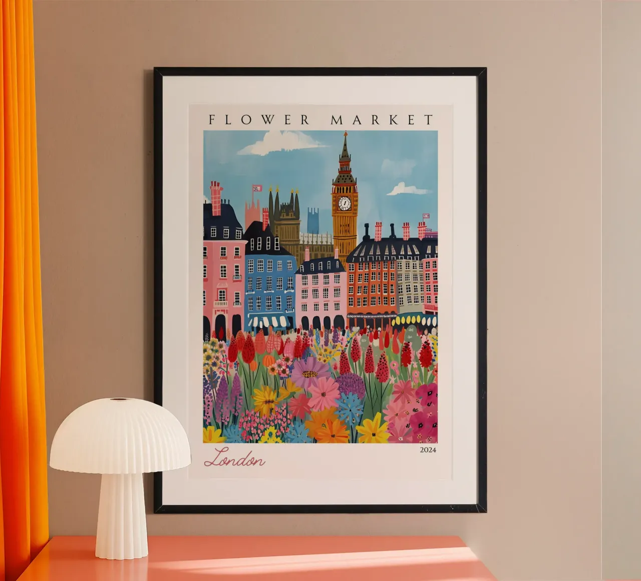 Mercato dei fiori di Londra, Big Ben, Westminster, arte moderna, città poster con telaio in legno da homdeco