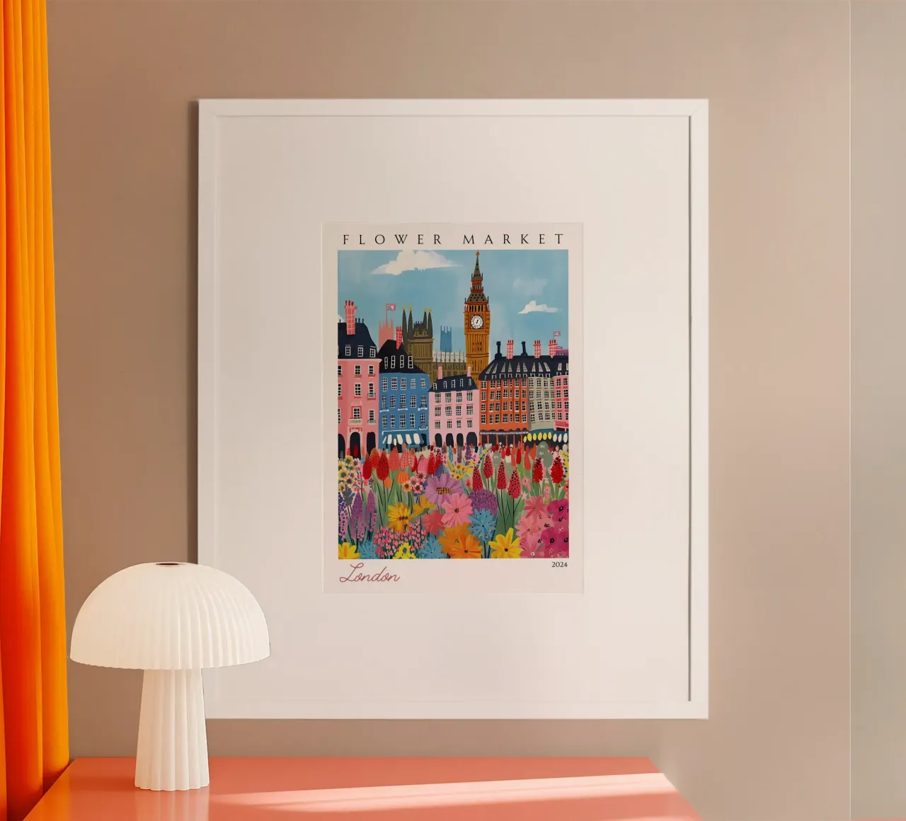 Mercato dei fiori di Londra, Big Ben, Westminster, arte moderna, città poster con telaio in legno da homdeco