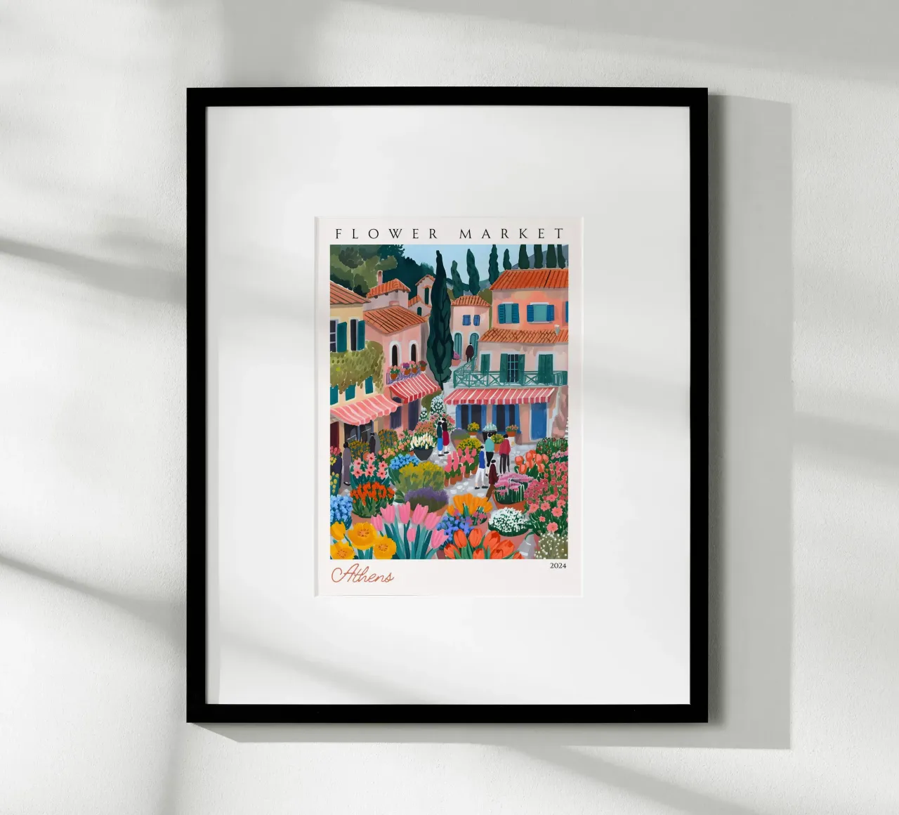 Mercato dei fiori di Atene, paesaggio urbano greco, arte vibrante, Grecia P poster con telaio in legno da homdeco